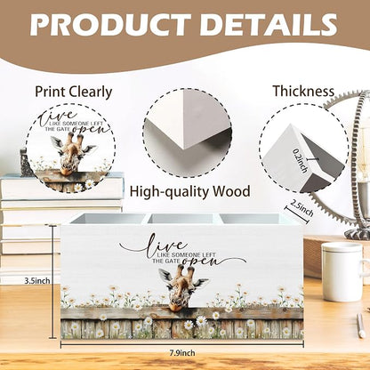 DILSJ Giraffe Inspirational Pen Pencil Holder Organizer For Desk, Giraffe Gifts, Rustic Floral Live Like Someone Left The Gate Open Wooden Box Signs For Home Office Desk Tabletop Decoration