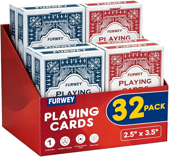 FURWEY Playing Cards 32 Pack,Standard Index,Red and Blue Backs,Large Digital Printing is Easy to Read,Blackjack，Euchre, Canasta Card Game, Poker Cards（Red/Blue）