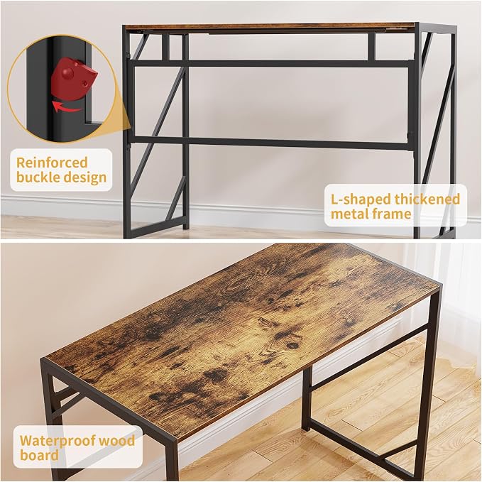 Elephance Folding Desk Writing Computer Desk for Home Office No-Assembly | Study Office Desk,Foldable Table for Small Spaces,39.4 inch,Rustic Brown