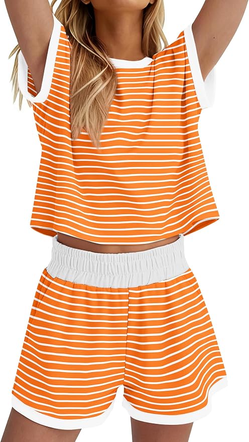 WIHOLL Two Piece Sets for Women Summer Lounge Short Sets Cap Sleeve Crew Neck Sweatsuit with Pocket XS-2XL