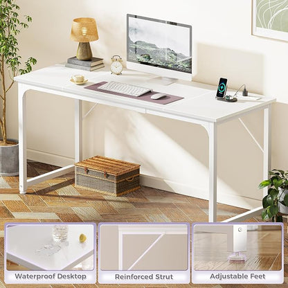 PRAISUN 63 X 24 Inch Computer Desk, Power Outlets, USB-C, White | Office Desk with 4 AC Outlets, USB & USB-C, Sturdy Metal Frame, Spacious Desktop for Work, Writing, Study & Gaming