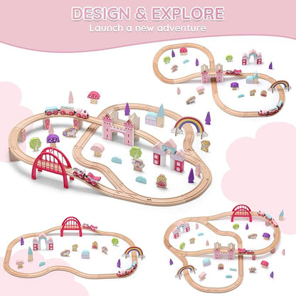 SainSmart Jr. Wooden Train Set 72 PCS Pink Train Set with Unicorn for Toddlers, Train Track Set Fit for Major Brands, Toddler Girl Toys with Castle - Ideal Train Toys Gift for 3 4 5 Year Old Girl