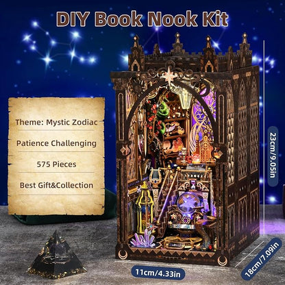 Book Nook DIY Kit for Adults, 3D Wooden Puzzle with LED,Bookend Bookshelf Decoration,Miniature Dollhouse for Home Decor,Mystic Zodiac