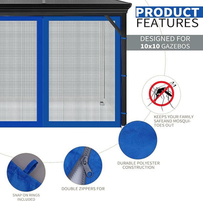 Gazebo Universal Replacement Mosquito Netting, Outdoor Mesh Netting Screen 4-Panel Sidewall with Zipper for Patio, Canopy, Garden and Backyard, Gray(Mosquito Net Only) (Blue, 10' x 10')