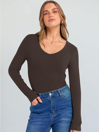 ANRABESS Long Sleeve V Neck Shirts for Women | Soft Comfy Ribbed Knit Fitted Tshirts, Casual Going Out Tops, 2026 Trendy Basic, Fall Winter Underscrub Layering Clothes