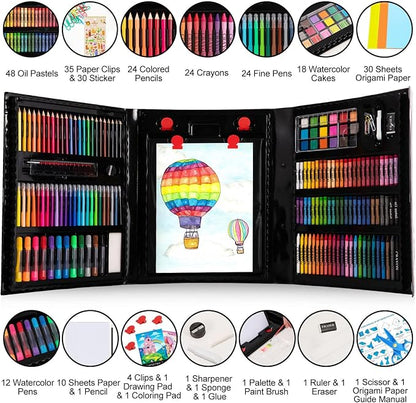 Art Supplies, 272 Pack Art Set Drawing Kit for Girls Boys Teens Artist, Deluxe Gift Art Box with Trifold Easel, Origami Paper, Coloring Book, Drawing Pad, Pastels, Crayons, Pencils, Watercolors(Black)