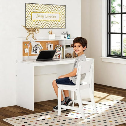 UTEX Wooden Kids Desk and Chair Set with Hutch and Storage for Ages 5-12 | Kids Study Table with Cork Bulletin Board, School Desk, Multi-Zone Storage, Water-based Paint Finish for Study Room