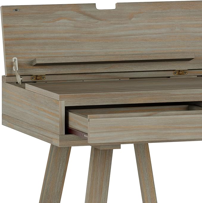 SIMPLIHOME Bowman SOLID WOOD Modern Industrial 54 Inch Wide Flip Up Desk in Distressed Grey, For the Office Desk, Writing Table, Workstation and Study Table