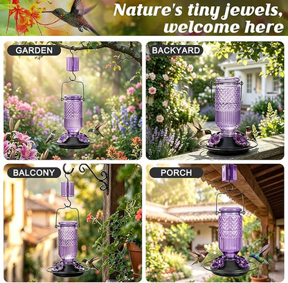 FEED GARDEN Glass Hummingbird Feeder for Outdoors Hanging, 16 oz Leak-Proof Nectar Feeder with Bee Guards & Ant Moat, 4 Metal Flower Feeding Ports, 360° Perch Ring, Easy Refill & Clean, Purple