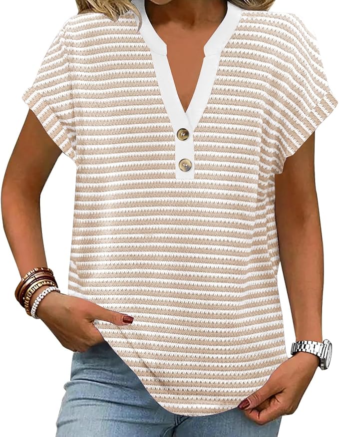 Womens Henley Summer Tops V Neck Button Dressy Casual T Shirts Blouses | Breathable, V-Neck Button, Striped, Loose Fit, Business Casual, Office, Vacation, Spring Summer Tops, Basic Shirts
