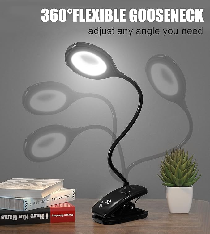 DEEPLITE LED Desk Lamp Clip on Lamp Battery Powered Clip on Light Book Light for Bed, Eye-Caring Flexible Arm Memory Touch 3 Color Modes & Stepless Brightness Portable Reading Light for Study Work.