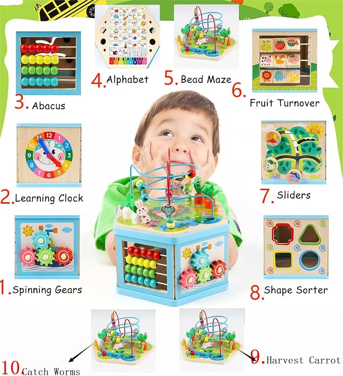 Wooden Activity Cube for 1 Year Old Kids, Educational Learning Bead Maze for Toddler Age 1-3, Developmental Montessori Toys for 12-36 Months Boys Girls Gift
