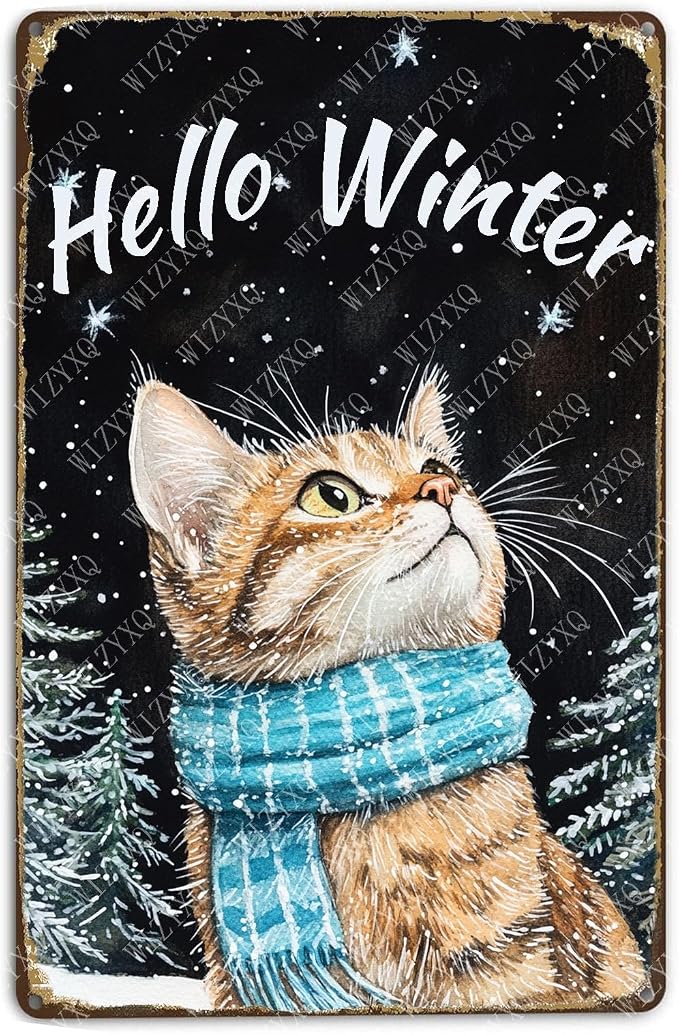 Hello Winter Cat Metal Signs Pine Trees Snowflakes Tin Signs Aluminum Sign for Home Farmhouse Office Outdoor Kitchen 12×8 Inch