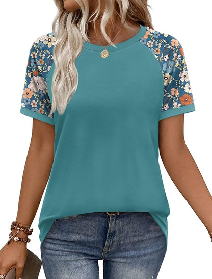 WIHOLL Womens Summer Tops Color Block Short Sleeve Raglan Shirts Spring Fashion Clothes Vacation Outfits