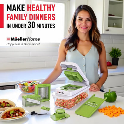 MUELLER HOME Pro-Series 10-in-1 Vegetable Chopper, 8 Blade Onion Mincer | Cutter, Dicer, Fruit Slicer with Container, French Fry Cutter Potato Slicer, Home Essentials, Salad Chopper White Sand/Green
