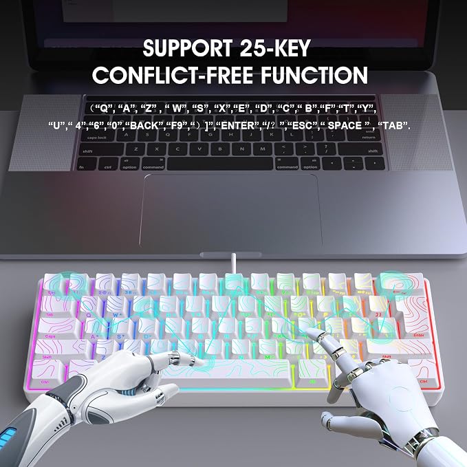 Snpurdiri 60% Wired Gaming Keyboard, 61 Keys RGB Contour Line (White) | Backlit Ultra-Compact Small Gaming Keyboard for PC/Mac Gamer, Typist, Travel, Easy to Carry on Business Trip
