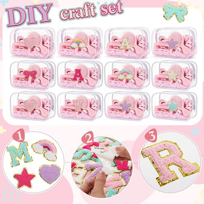 Kacctyen 96 Pcs DIY Clear Cosmetics Bags Kit Including 12 Clear PVC Makeup Bags, 82 Pcs Chenille Letter Patches Self-adhesive Stickers, 2 Crinkle Paper Filler for DIY Craft Sleepover Party Gifts
