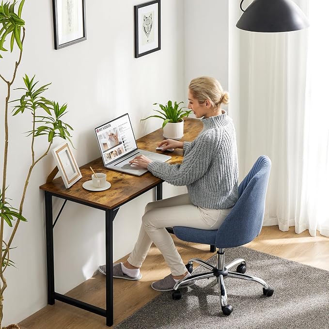 Sweetcrispy 40-Inch Small Computer Desk for Bedroom, Brown | Gaming Writing Work and Study Desk for Home Office, Sturdy Metal Frame and Compact Modern Design with X-Shaped