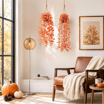 Der Rose 2Pcs Fake Fall Hanging Plants for Home Bathroom Wall Outdoor | Orange artificial hanging plants for autumn decor accents, fall bathroom and kitchen decor, porch, patio and covered decor