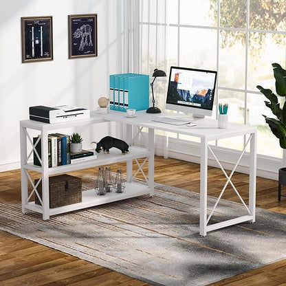 Tribesigns Reversible Industrial L-Shaped Desk with Storage Shelves, Corner Computer Desk PC Laptop Study Table Workstation for Home Office Small Space (White, 53")
