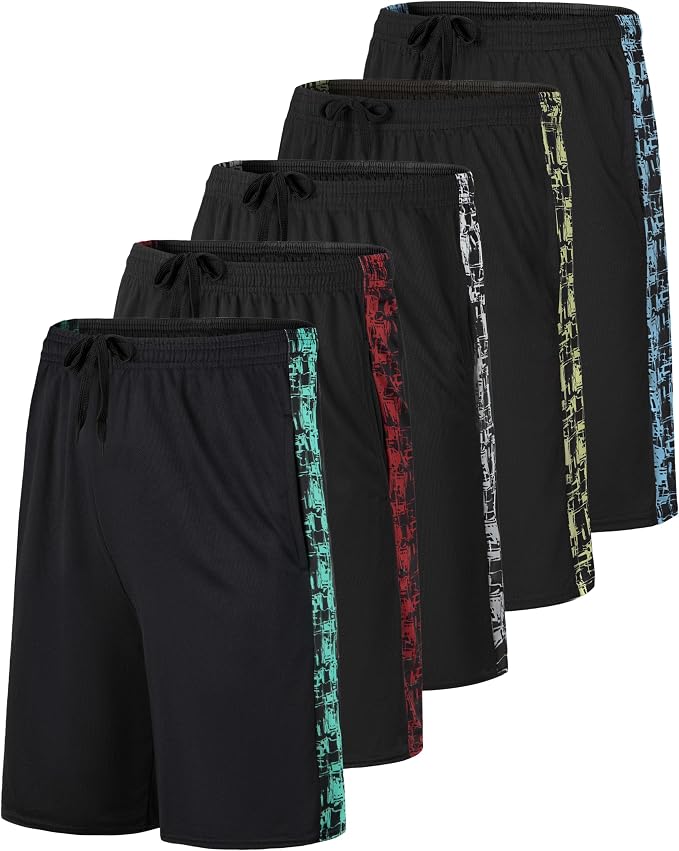 5 Pack Men's Mesh Shorts Athletic Basketball Sports Gym Workout Pockets | Cooling Moisture-Wicking, 9", Long, Quick-Dry, Breathable, Elastic Drawstring Waistband. Running, Exercise, Soccer, Training.