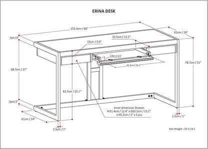 SIMPLIHOME Erina SOLID WOOD and Metal Modern Industrial 60 inch Wide Home Office Desk, Writing Table, Workstation, Study Table Furniture in Farmhouse Brown with 2 Drawers