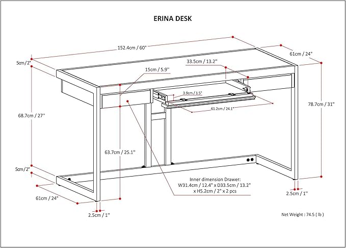 SIMPLIHOME Erina SOLID WOOD and Metal Modern Industrial 60 inch Wide Home Office Desk, Writing Table, Workstation, Study Table Furniture in Distressed Charcoal Brown with 2 Drawers