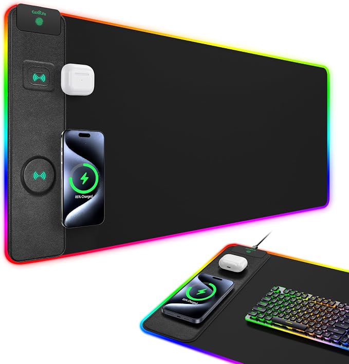 Upgraded Mouse Pad with Wireless Charging, RGB Gaming Desk Mat, 31.5"x15.7" Large XXL Desk Pad, 15 Light Modes, Ultra-Smooth Surface, Non-Slip Mouse Mat, Waterproof Computer Keyboard Pad, Black