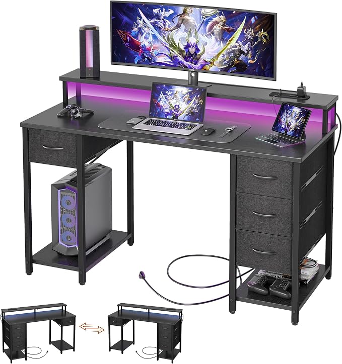 TIQLAB Computer Desk with 4 Drawers & LED Lights, 47 Inch Gaming Desk with Monitor Stand & Power Outlets, Home Office Desk with Large Storage Space, Study Work Table for Bedroom, Black