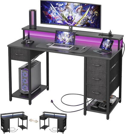 TIQLAB Computer Desk with 4 Drawers & LED Lights, 47 Inch Gaming Desk with Monitor Stand & Power Outlets, Home Office Desk with Large Storage Space, Study Work Table for Bedroom, Black