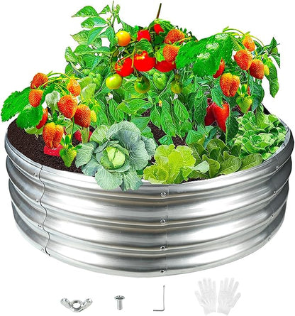 Durable Round Galvanized Steel Raised Garden Bed for Planting,Round Galvanized Steel Fire Ring/Fir Pit 36-Inch for Outdoor- 3×3×1FT,0.8MM Thick (36 ins Diameter x 12 ins high, Silver)