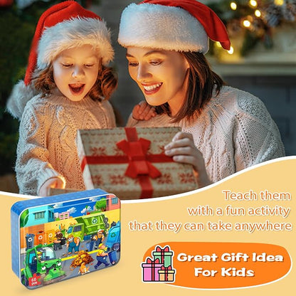LELEMON Ocean Puzzles for Kids Ages 4-6,Recycling Garbage Truck 60 Piece Puzzles for Kids Ages 4-8,Children Jigsaw Puzzles in a Metal Box,Educational Learning Puzzle Toys for Girls and Boys