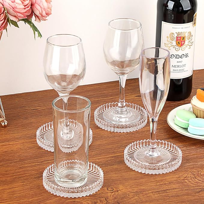 Modern Clear Coaster Set of 5- Glass Coasters for Drinks Crystal Coasters Round Cup Mat Coffee Table Decor for Office, Kitchen, Bar, Dining Room, Living Room, Patio (Clear)
