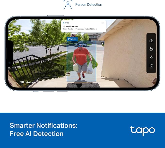 Tapo 2K Wireless Smart Video Doorbell - 160° Ultra-Wide View, Person Detection, 2-Way Talk, Ring Call, Night Vision, Subscription-Free Local Storage or Optional Cloud, D205