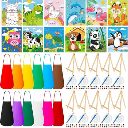 Ireer 84 Pcs 12 Sets Paint Party Kits Animal Pre Drawn Canvas, Wooden Easel, Paintbrushes, Palette, Acrylic Paints and Aprons, Pre Drawn Canvas to Paint for DIY Birthday Party Gift(5 x 7 Inches)