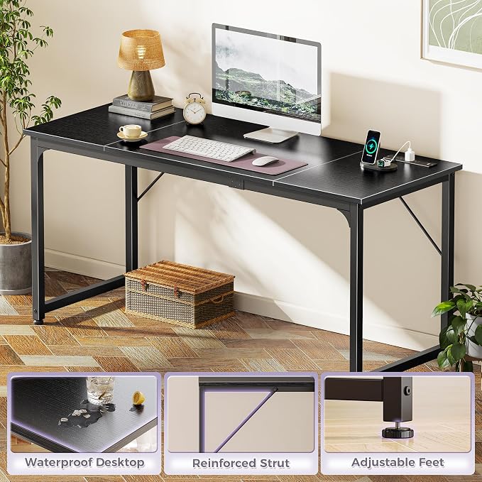 PRAISUN 63 X 24 Inch Computer Desk, Power Outlets, USB-C, Black | Office Desk with 4 AC Outlets, USB & USB-C, Sturdy Metal Frame, Spacious Desktop for Work, Writing, Study & Gaming
