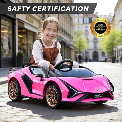 Licensed Lamborghini SIAN Kids Electric Ride On Car by TOBBI, Toddler 12V Battery Powered 4 Wheeler Driving Vehicle Toy with Remote Control/Safety Belt/Horn & LED Lights for Children Age 1-6-Pink