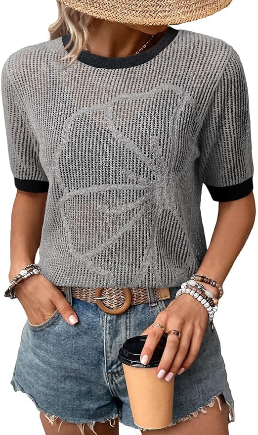 Dokotoo Womens Summer Short Sleeve Crochet Tops Hollow Out Floral Sweaters Beach Vacation Cruise Outfits