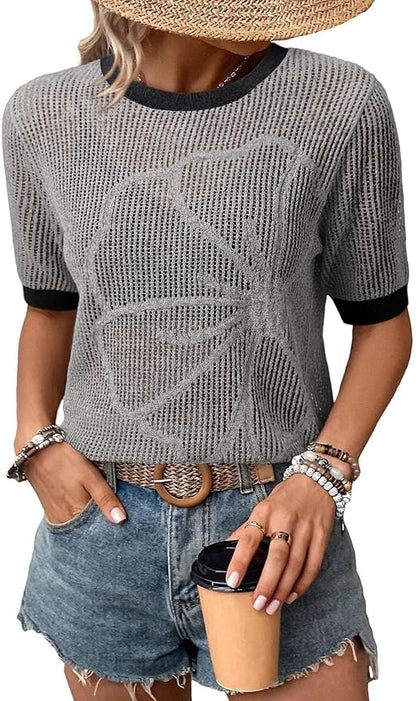 Dokotoo Womens Summer Short Sleeve Crochet Tops Hollow Out Floral Sweaters Beach Vacation Cruise Outfits