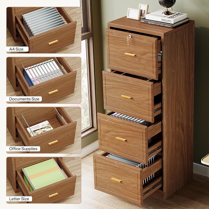 Tribesigns 4-Drawer File Cabinet with Lock, Locked File Cabinet with Key, Tall Wooden Filing Cabinets for Home Office, Vertical Office Storage for Legal Size/Letter/A4/Files, Brown