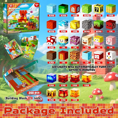 Magnetic Blocks with Light Blocks - 200PCS Magnetic Blocks for Kids Ages 4 5 6 7 8+, Magnetic Building Blocks, STEM Montessori Sensory Toys for Kids, Birthday Gifts for 8-12 Years Old Boys Girls