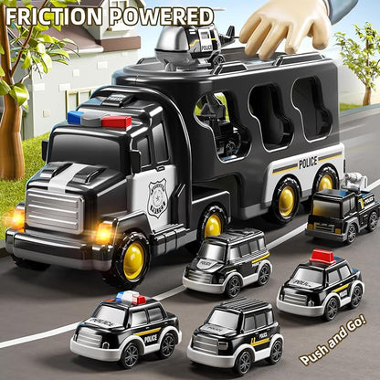 JUKUDAHU Police Truck Toy for 3-9 Years Old Boys & Girls - 7 in 1 Black Carrier Vehicle Set with 5 Toy Cars & 1 Helicopter, Friction Powered Car for Kids Age 1-3, Birthday Gifts for Toddlers 3-5