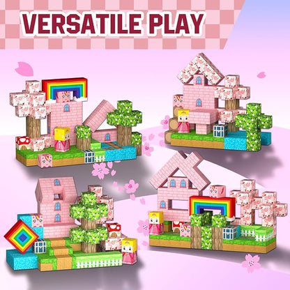Uucoco 100PCS Magnetic Blocks - Princess Castle Building Toys Montessori Sensory Toys Birthday GIFS for Girls 3 4 5 6 7 8 9 10+ Years Old, Creative Magnets Games for Toddler Kids