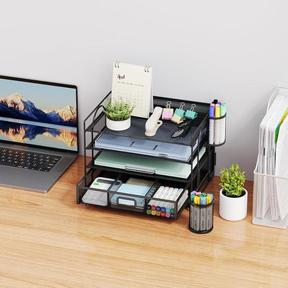 Marbrasse Desk Organizer, 4-Tier Paper File Letter Tray, Black | Sturdy Paper Tray, File Holder, Built-in Drawer, 2 Pen Slots, fits Letters/Files, for School Home Office Supplies