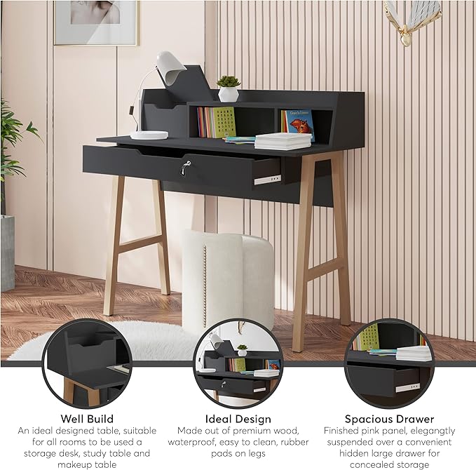 Roma Writing Desk - Elegant Wood Study Desk With Storage, Cable Holes & Drawers - Work Table for Home, Office, Dorm, Small Spaces - Compact Black Desk, 40x19x36.9” (black)