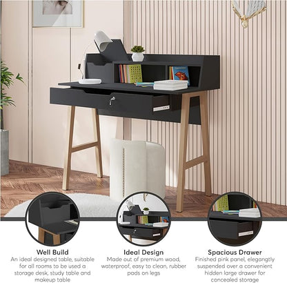 Roma Writing Desk - Elegant Wood Study Desk With Storage, Cable Holes & Drawers - Work Table for Home, Office, Dorm, Small Spaces - Compact Black Desk, 40x19x36.9” (black)