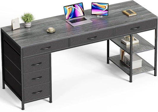 Huuger Computer Desk with 6 Drawers, Office Desk with Shelves, Reversible Gaming Desk, Corner Desk with Storage, Work for Home Office, Study, Living Room, 63inch, Grey