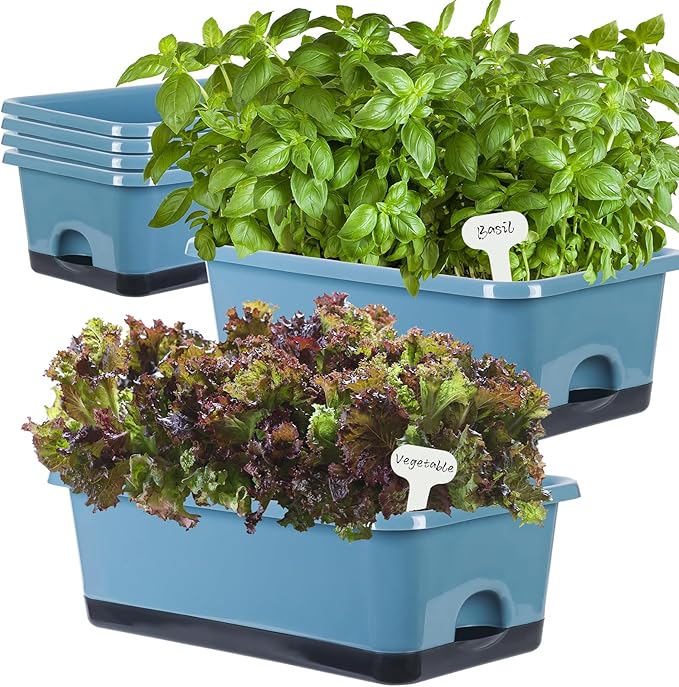 Window Box Planter 6 Pcs, 17 Inches Rectangle Flower Pots with Drainage Holes and Trays, Vegetable Planters for Windowsill Patio Garden Balcony Home Indoor Outdoor (Blue, 18 * 10 * 6 inch)