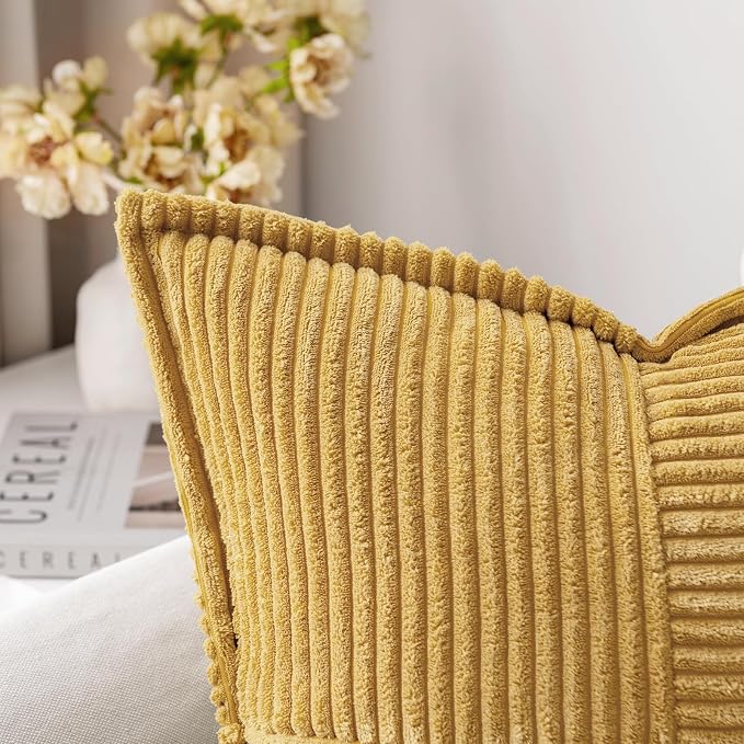 MIULEE Decorative Throw Pillow Covers for Couch Bed Livingroom 20x20 Inch Set of 2 Gold Boho Accent Throw Pllows Broadside Striped Patchwork Soft Corduroy Summer Pillowcases