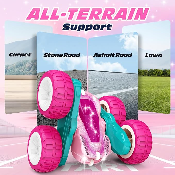 Tecnock Pink Remote Control Car for Girls and Boys, 2.4GHz RC Cars with USB-C Easy Charging, 4WD Double Sided 360° Rotates and Flips RC Stunt Car, Toys Gift for Kids Ages 6-8, 8-12
